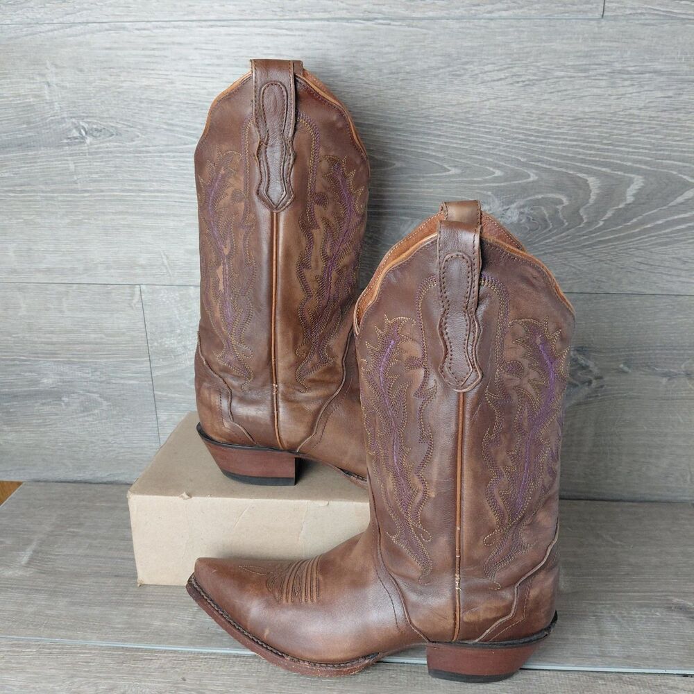 Nocona Boots Womens 6 Brown 4016 Leather Purple Embroidered Western Cowboy Snip